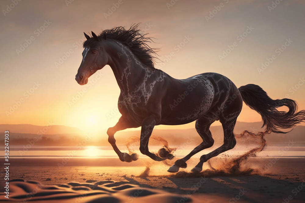 Beautiful Horse running on a beach at sunset. Stallion Running on the beach splashing waves at sunrise. Ai generated Beautiful Horse running on a beach at sunset. Stallion Running on the beach splashing waves at sunrise. Ai generated