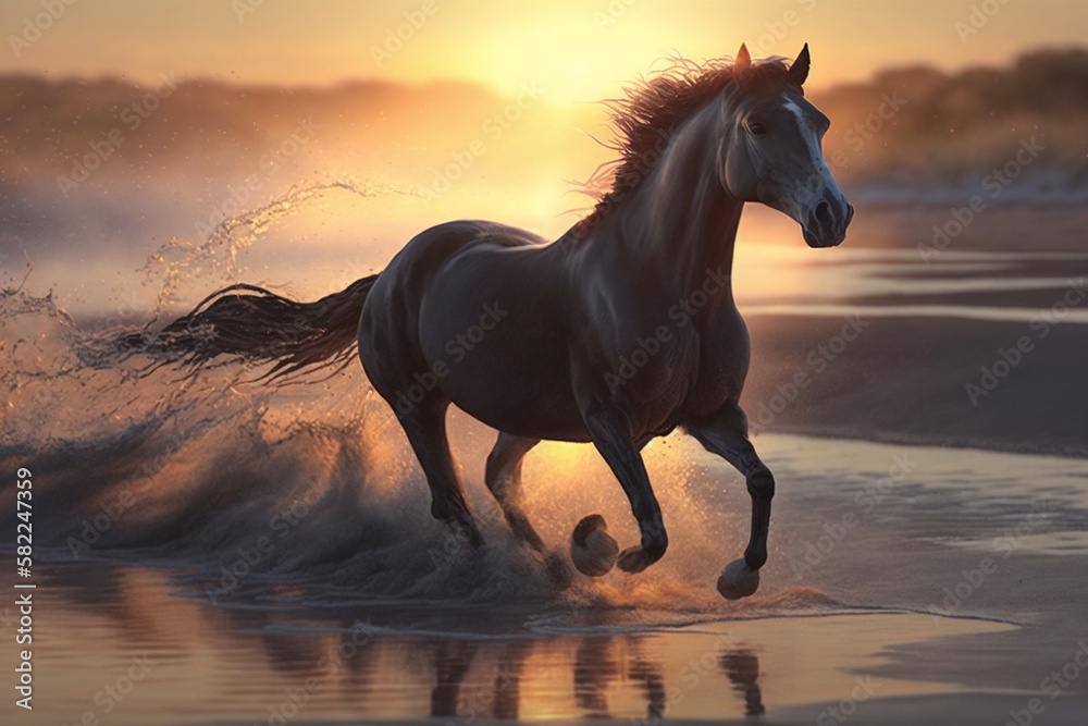 Beautiful Horse running on a beach at sunset. Stallion Running on the beach splashing waves at sunrise. Ai generated Beautiful Horse running on a beach at sunset. Stallion Running on the beach splashing waves at sunrise. Ai generated