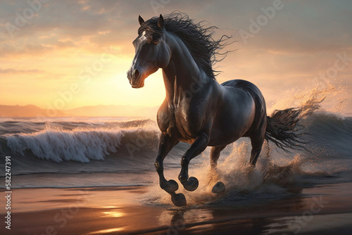 Beautiful Horse running on a beach at sunset. Stallion Running on the beach splashing waves at sunrise. Ai generated © twindesigner