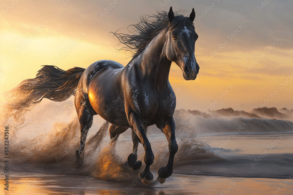 Beautiful Horse running on a beach at sunset. Stallion Running on the beach splashing waves at sunrise. Ai generated Beautiful Horse running on a beach at sunset. Stallion Running on the beach splashing waves at sunrise. Ai generated