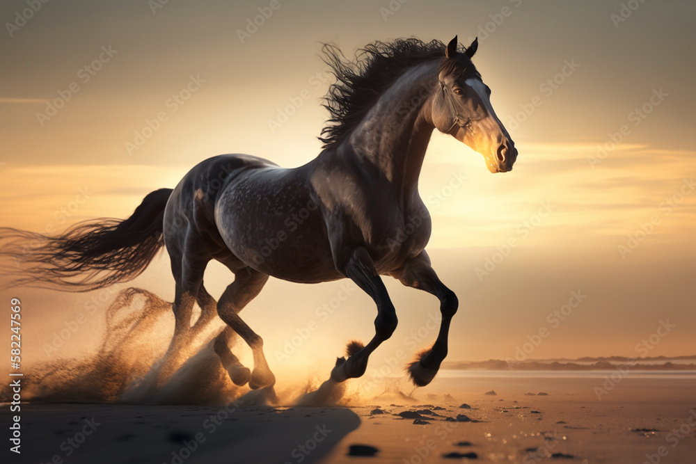 Beautiful Horse running on a beach at sunset. Stallion Running on the beach splashing waves at sunrise. Ai generated Beautiful Horse running on a beach at sunset. Stallion Running on the beach splashing waves at sunrise. Ai generated