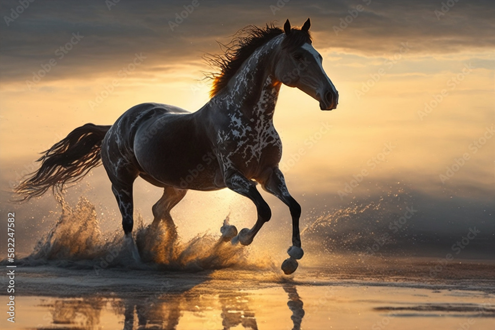 Beautiful Horse running on a beach at sunset. Stallion Running on the beach splashing waves at sunrise. Ai generated Beautiful Horse running on a beach at sunset. Stallion Running on the beach splashing waves at sunrise. Ai generated
