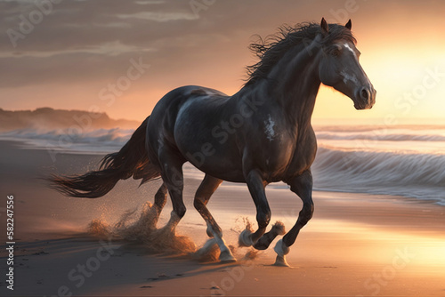 Beautiful Horse running on a beach at sunset. Stallion Running on the beach splashing waves at sunrise. Ai generated