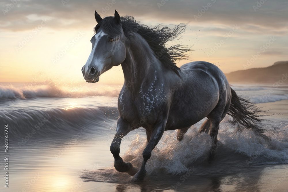 Beautiful Horse running on a beach at sunset. Stallion Running on the beach splashing waves at sunrise. Ai generated