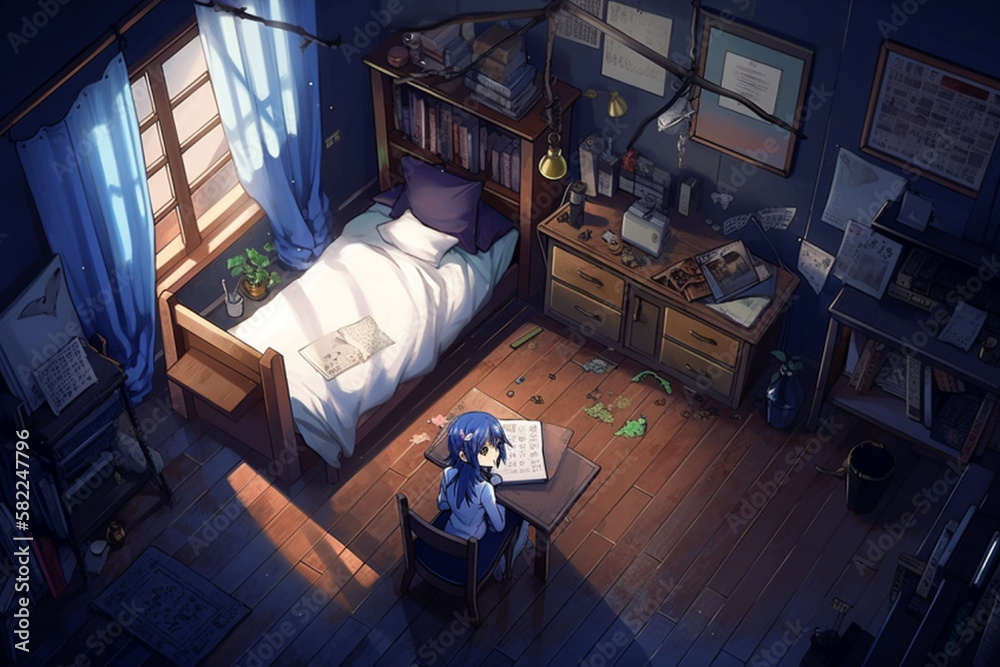 Anime cute girl studying in her room, chill, cozy vibes Stock ...