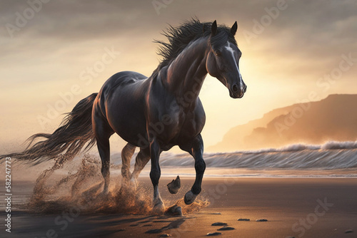 Beautiful Horse running on a beach at sunset. Stallion Running on the beach splashing waves at sunrise. Ai generated