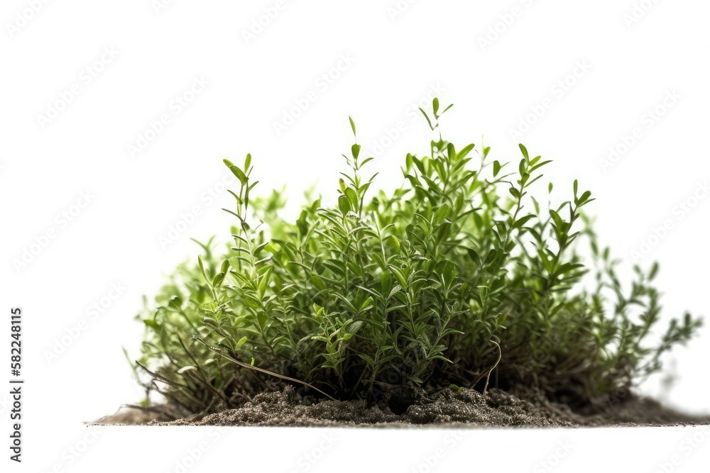 On a white background, a lonely bush of green grass. Generative AI On a white background, a lonely bush of green grass. Generative AI
