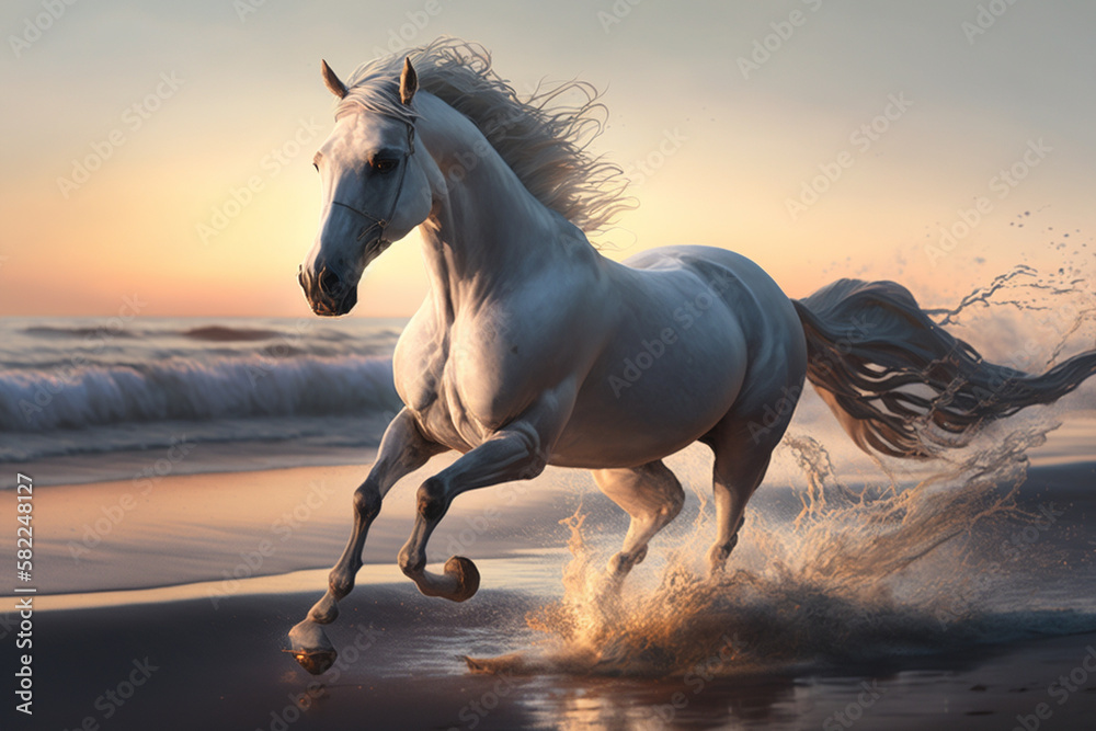 Beautiful Horse running on a beach at sunset. Stallion Running on the beach splashing waves at