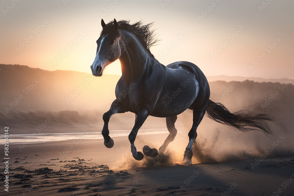 Beautiful Horse running on a beach at sunset. Stallion Running on the beach splashing waves at sunrise. Ai generated Beautiful Horse running on a beach at sunset. Stallion Running on the beach splashing waves at sunrise. Ai generated