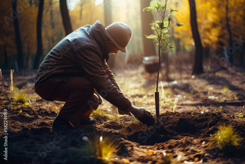 Man planting a young tree. Re forestation. Planting a tree with a shovel. Hands planting a young tree. Ai generated ( not a real person )