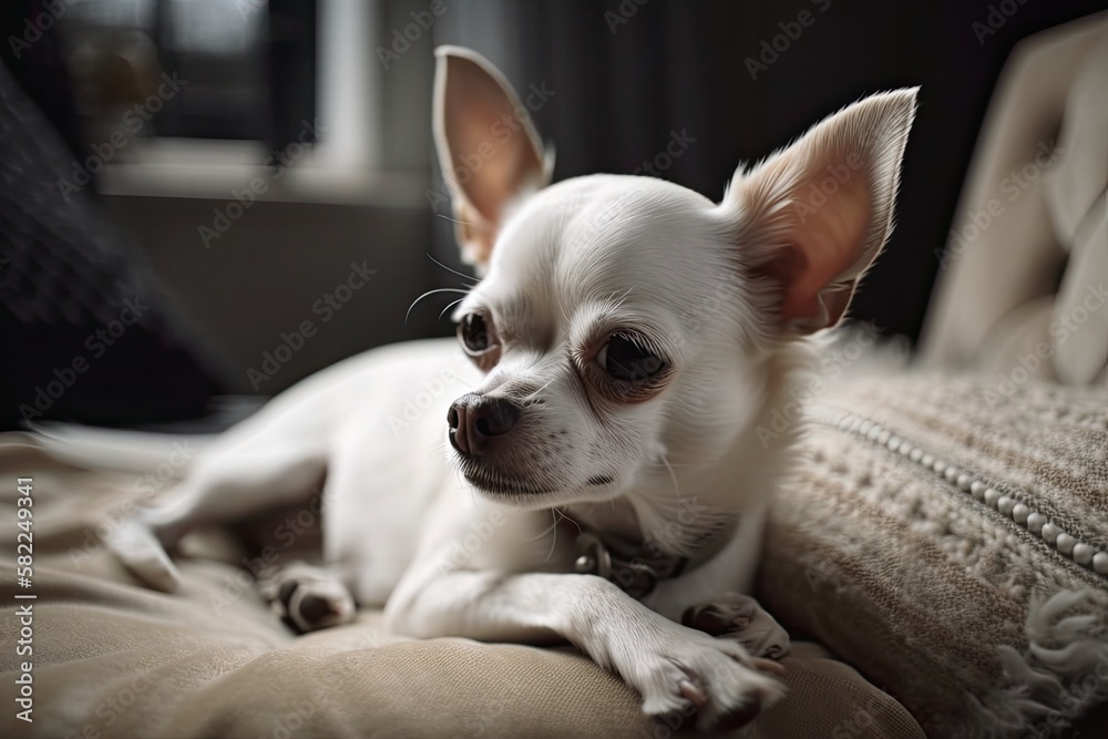 Fototapeta premium At home, a cute chihuahua pet is sprawled out on the couch. Copy space daily existence of an animal. Generative AI