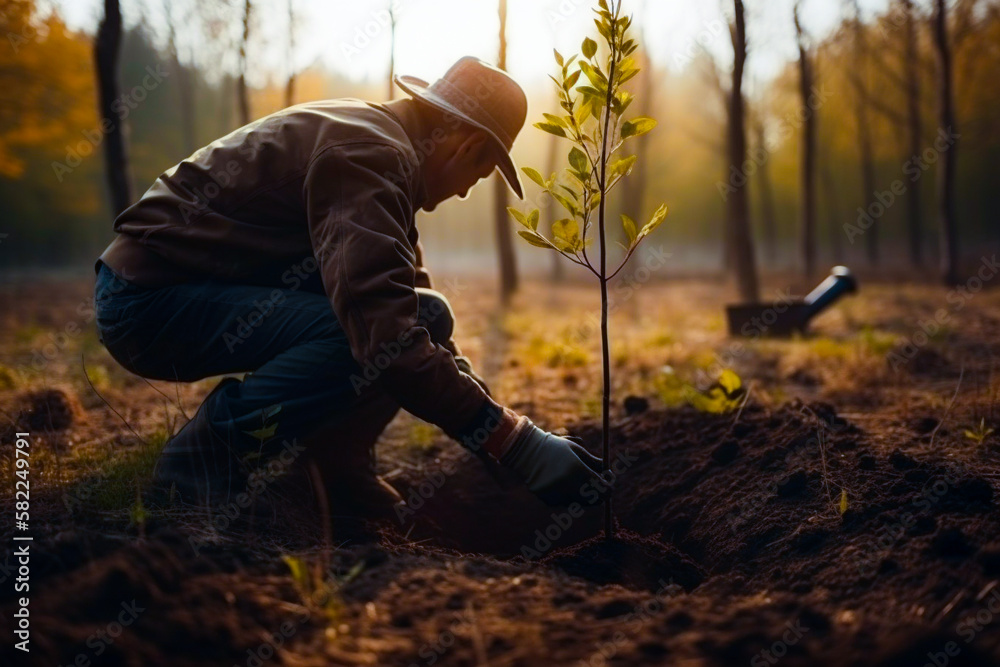 Man planting a young tree. Re forestation. Planting a tree with a shovel. Hands planting a young tree. Ai generated ( not a real person ) Man planting a young tree. Re forestation. Planting a tree with a shovel. Hands planting a young tree. Ai generated ( not a real person )