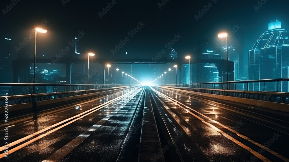 Bridging the Gap, Large and Long Futuristic Bridge at Night, Generative AI