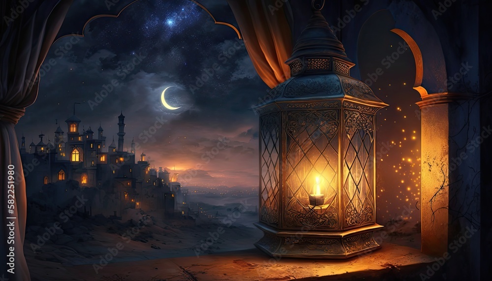 Ramadan Beginning. Crescent moon on the background with a beautiful lamp illuminating the night. Generative AI
