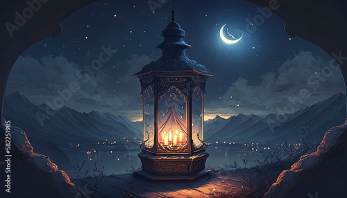Ramadan Beginning. Crescent moon on the background with a beautiful lamp illuminating the night. Generative AI