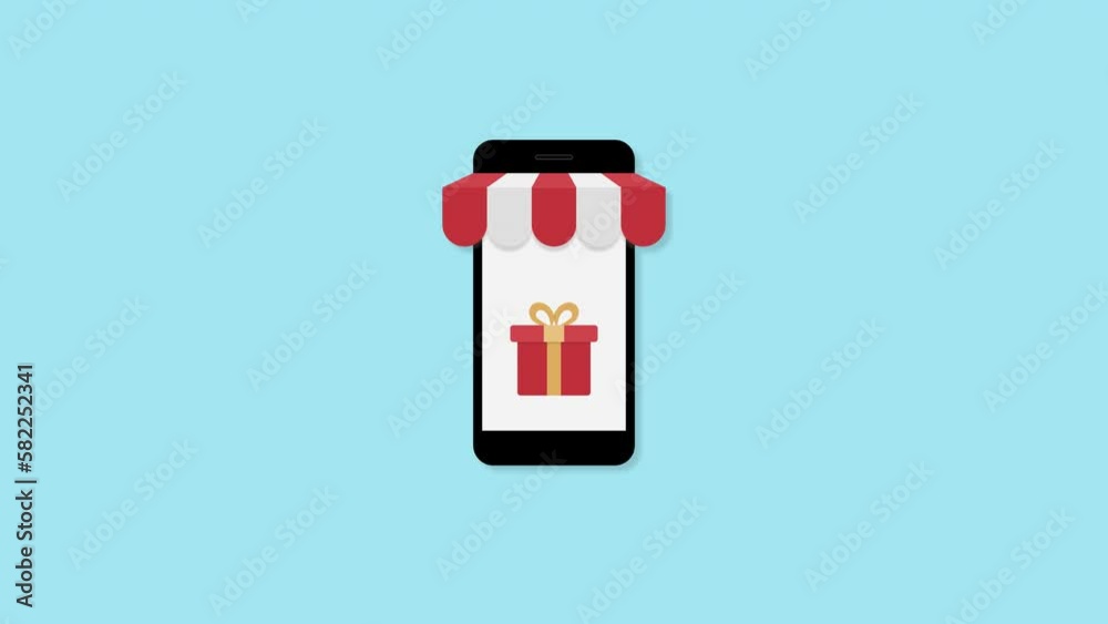 Online shop and e-commerce concept. Smartphone with awning and gift box. Hand tapping on screen. blue background. finance, business, online shopping. Online shop and e-commerce concept. Smartphone with awning and gift box. Hand tapping on screen. blue background. finance, business, online shopping.
