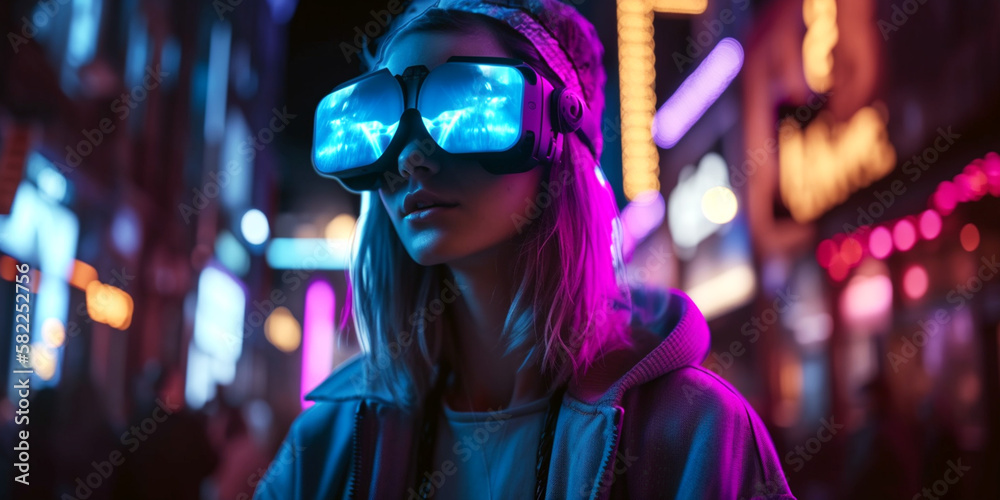 A girl wearing VR glasses. Neon lights and a futuristic city street view in the background. Image made using Generative AI