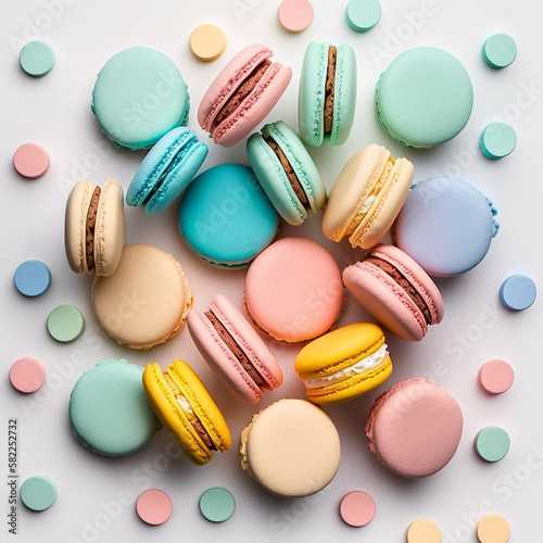 Cakes macaron or macaroon on light background, colorful vibrant almond cookies, brightl colors.