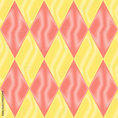 Seamless pattern with geometric pattern. Red and yellow rhombuses with moire effect