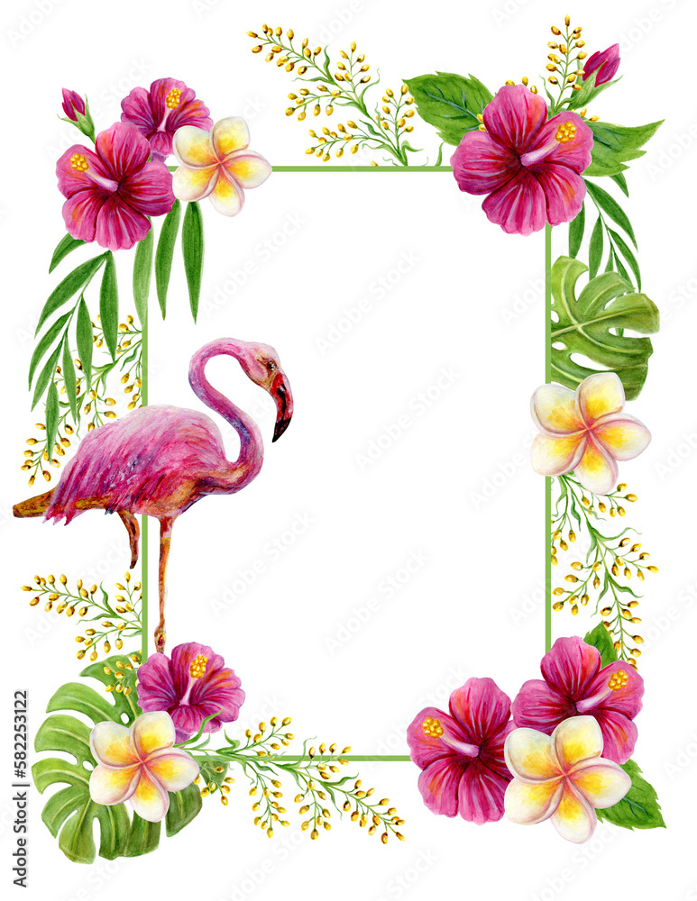 Obraz premium Tropical frame with flamingo and flowers. Hand drawn watercolor painting with pink Chinese Hibiscus rose and palm leave isolated on white background. Floral summer border.