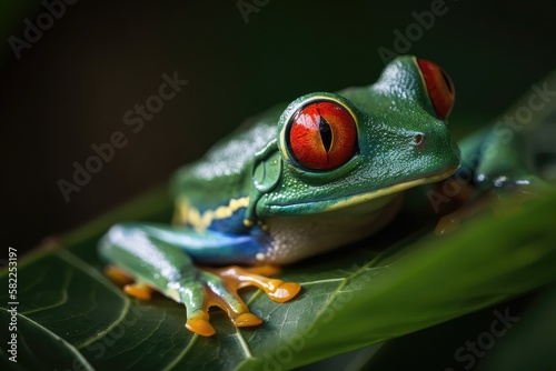 Red eyed tree frog lurking in background leaves with interested eyes Exotic amphibian macro treefrog Agalychnis callydrias copyspace animal staring in Costa Rica's vibrant jungle or terrarium