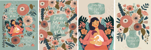 Happy Mother's Day. Vector illustration of mom with a baby in her arms, a vase of flowers, a declaration of love to mom and a floral frame for a greeting card, poster or background