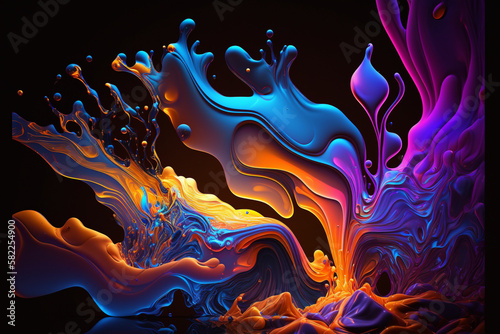 Colorful Vibrant Fluid Glow. Flowing splash of colorful fluid in orange  blue and purple colors. Ai generated