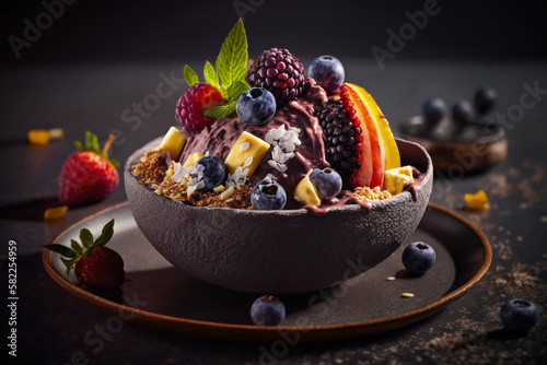 Colorful and healthy acai bowl, topped with fresh fruits and superfoods. Ai generated.