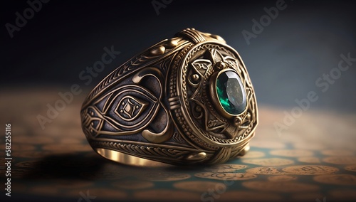 Awesome expensive luxury viking era ring, close-up shot. AI generated.