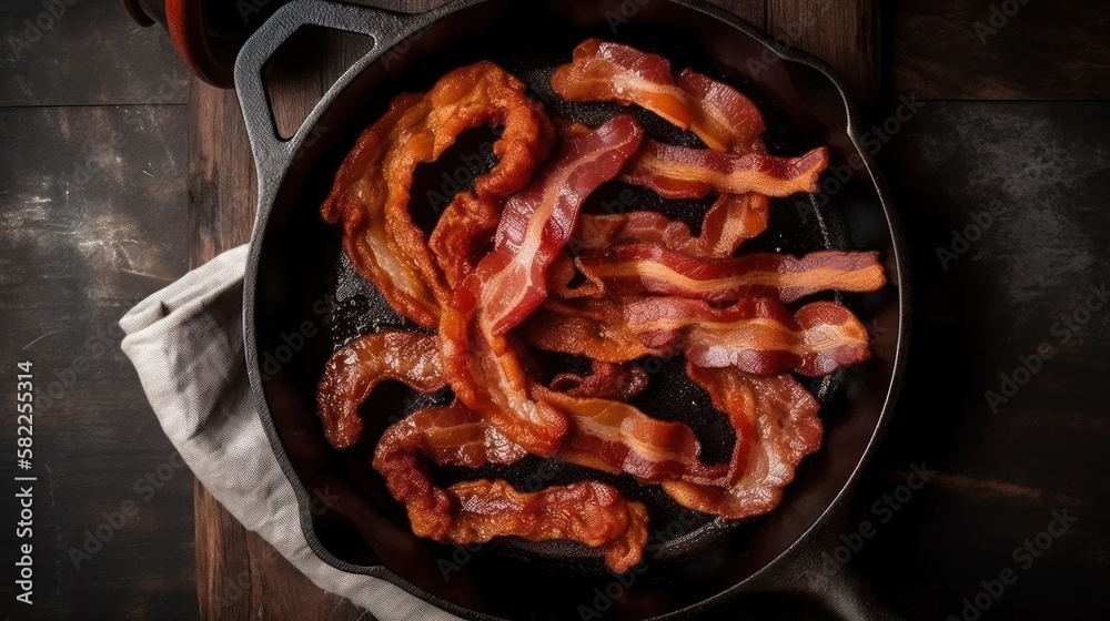 Hot fried bacon pieces in a cast iron, generative ai Hot fried bacon pieces in a cast iron, generative ai