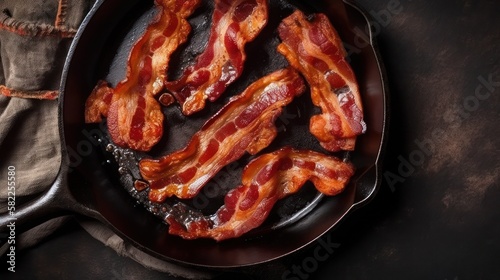 Hot fried bacon pieces in a cast iron, generative ai