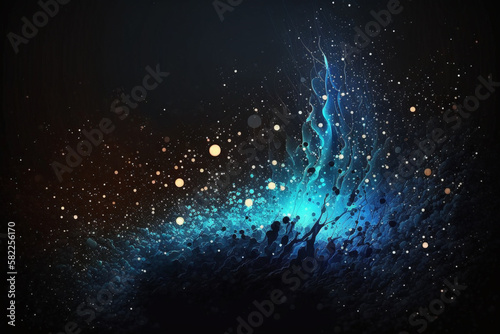 Blue particles artistic background with glitter blue and gold particles on a dark background. Ai generated