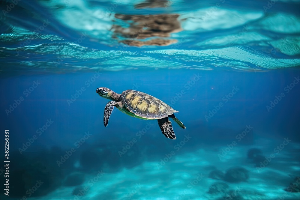 Obraz premium a tiny turtle flying through the ocean. Generative AI
