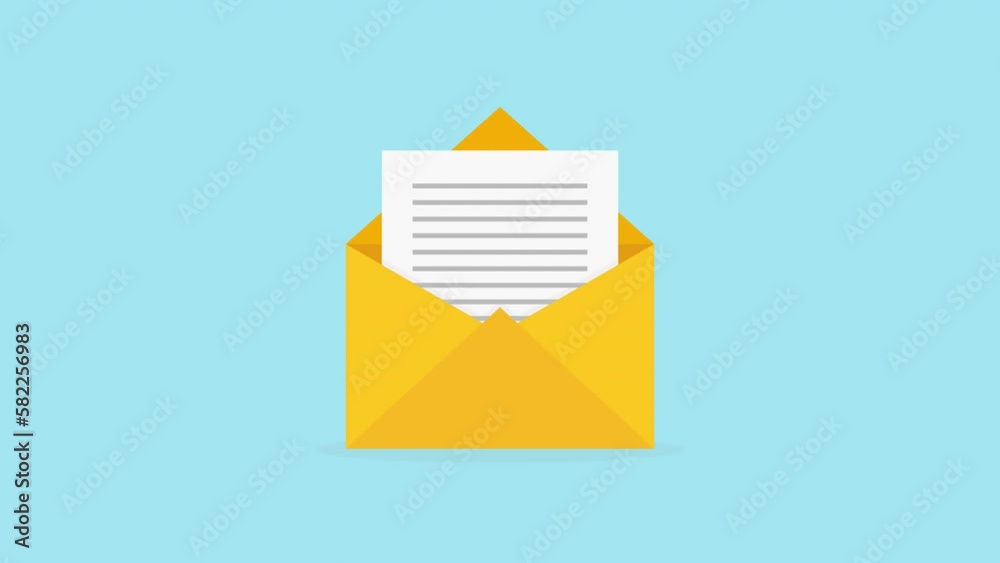 New email. Envelope opening animation. e-mail, mail, sending mail, message, mailing, letter, opening, vector animation. yellow envelope, blue background.
