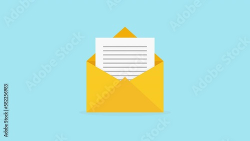 New email. Envelope opening animation. e-mail, mail, sending mail, message, mailing, letter, opening, vector animation. yellow envelope, blue background.