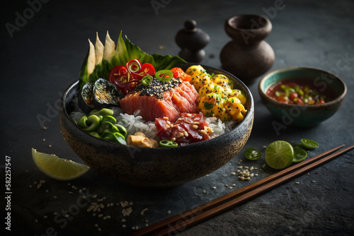 Delicious and colorful poke bowl, featuring fresh seafood, vegetables, and toppings. Ai generated.