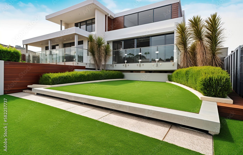 A contemporary Australian home or residential buildings front yard features artificial grass lawn turf with timber edging - obrazy, fototapety, plakaty 