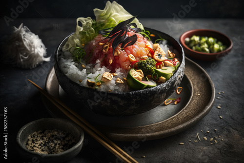 Delicious and colorful poke bowl, featuring fresh seafood, vegetables, and toppings. Ai generated.