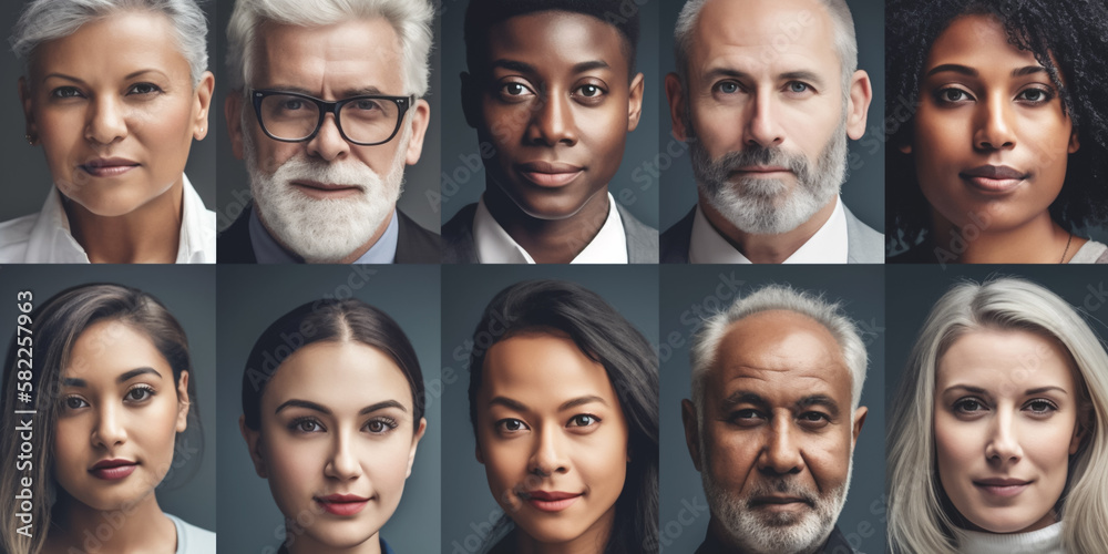 Collage of portraits of an ethnically diverse and mixed age group of focused business professionals. Illustrative generative Ai. Not real people. Collage of portraits of an ethnically diverse and mixed age group of focused business professionals. Illustrative generative Ai. Not real people.