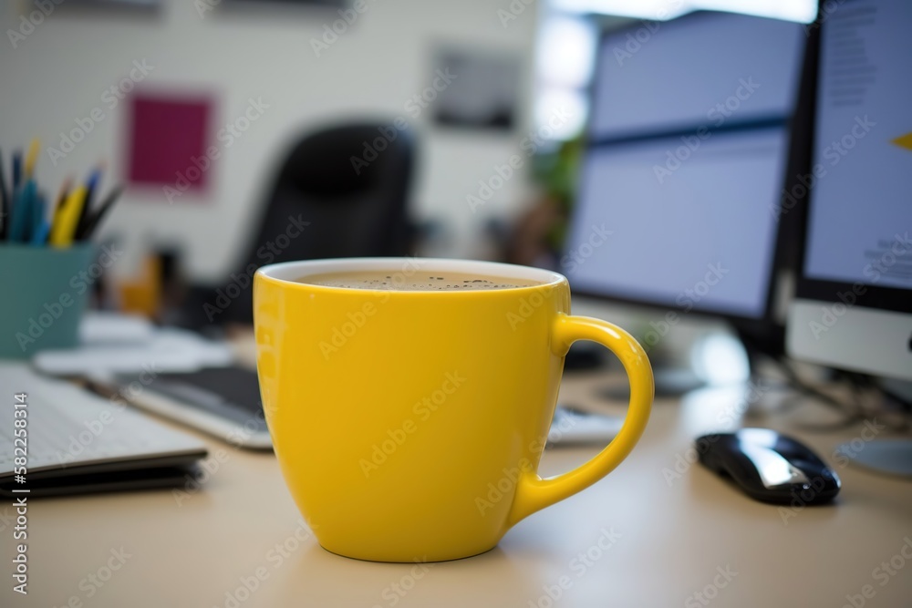 yellow cup full of coffee in office yellow cup full of coffee in office
