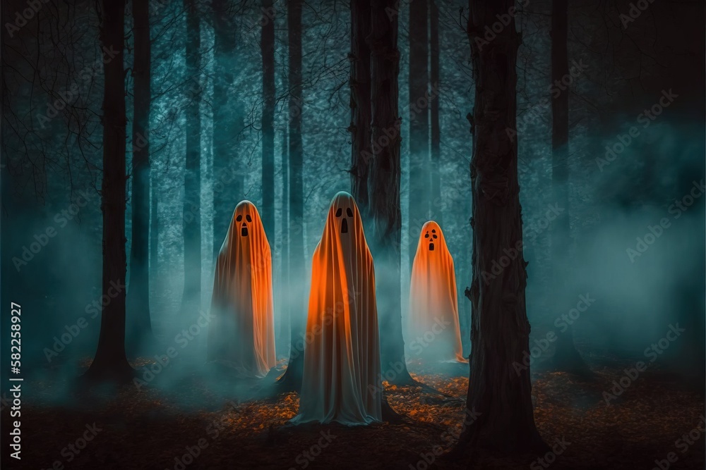 Spirits of the forest. Spooky ghosts between the trees.