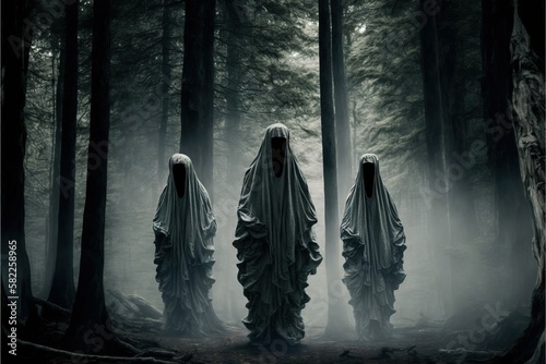 Spirits of the forest. Spooky ghosts between the trees.