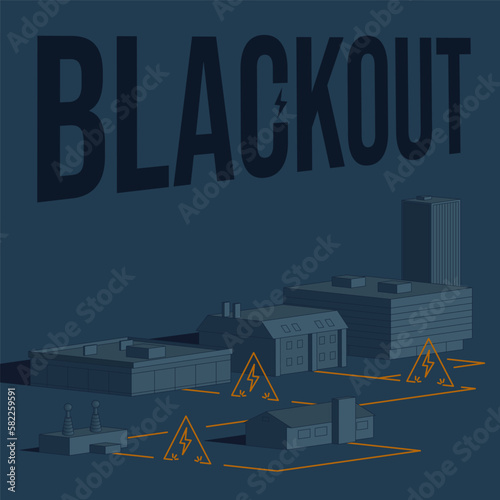 Information poster for alerting the population in emergency situations. Blackout. Retro style in monochromatic colors. Power grid infographics, transformer, subscriber buildings. Vector illustration.