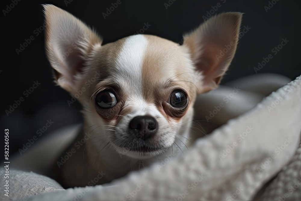 Little cute beige mini chihuahua dog, puppy, close up photo, grey background, empty space. Generative AI