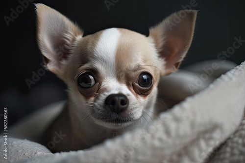 Little cute beige mini chihuahua dog, puppy, close up photo, grey background, empty space. Generative AI