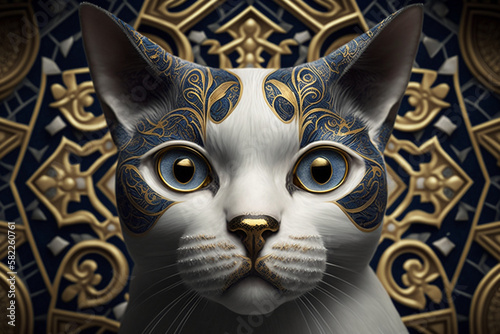Incredible feline cat concept with intricate gold golden pattern design background. Cute animal pet portrait. Ai generated