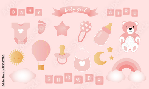 Baby shower set on pink background. It s a girl.
