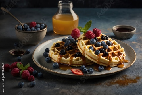 Belgian waffles with raspberries, blueberries and syrup, homemade healthy breakfast. AI generation © yuliachupina
