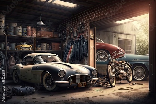an old garage filled with vintage vehicles, from a classic corvette to an old british motorcycle., created with generative ai