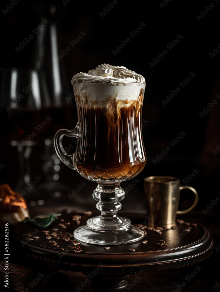 Irish Coffee Elegance: A Tempting Blend of Coffee, Whiskey, and Whipped Cream, Generative AI Irish Coffee Elegance: A Tempting Blend of Coffee, Whiskey, and Whipped Cream, Generative AI
